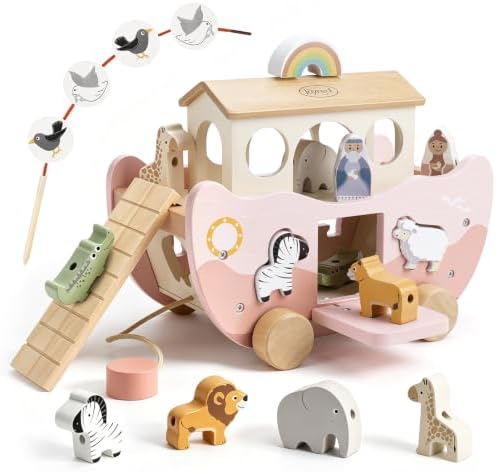 Joyreal Pink Wooden Noah's Ark Toy for 1 Year Old Baby Girl Baptism Gifts