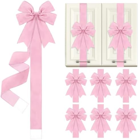Daifunli 6 Pcs Pink Velvet Christmas Cabinet Bows Ribbons for Kitchen