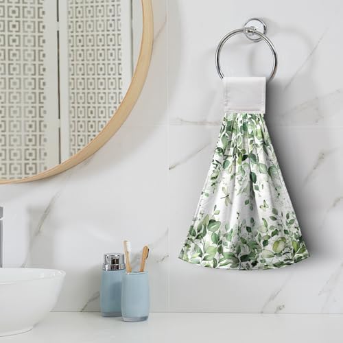 Eucalyptus Leaves Hanging Hand Towels Sage Green Leaf Kitchen Towels with Hanging Loop Spring Summer Floral Farmhouse Greenery Tea Dish Towels Soft Absorbent Fingertip Bath Tie Towels for Bathroom