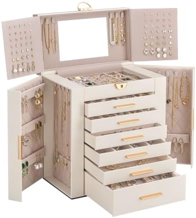 Lolalet Large Jewelry Box, 7-Layer Jewelry Organizer with 6 Drawers -Beige