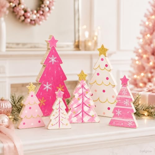 Christmas Table Decorations Pink White Wood Xmas Trees Tiered Tray Decor