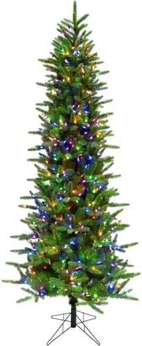 Fraser Hill Farm 9-Ft. Carmel Pine Slim Artificial Christmas Tree with Dual Multicolor & Warm White LED Lights and Stand, Prelit Foldable Fake Tree with Realistic Foliage for Home Decoration