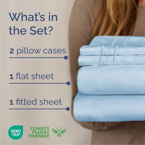 Queen Size 4 Piece Sheet Set - Breathable & Cooling Sheets - Light Blue