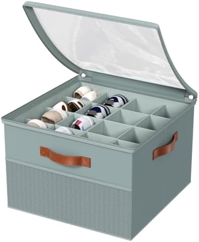 Shoe Organizer for Closet,2 Pack Foldable Shoe Storage Organizer Box Bin with Adjustable Dividers and Clear Cover, Fits up to 16-32 Pairs（Grey）