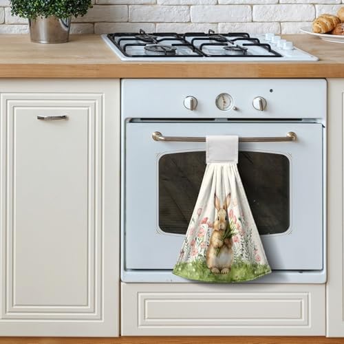 Easter Bunny Hanging Kitchen Towels Easter Rabbit Pink Tulip Flowers Hand Towels with Hanging Loop Spring Holiday Dish Towel Soft Absorbent Fingertip Bath Tie Towel Set of 2