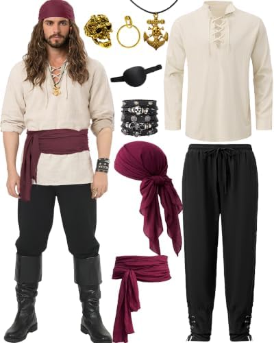 9PCS Men's Pirate Costume Set,Renaissance Medieval Outfit for Halloween Pirate Party with Viking Pants Shirts Accessories