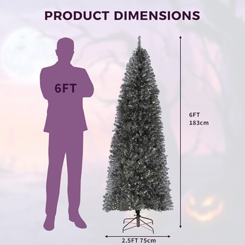 GarveeHome 6 ft Prelit Black Christmas Tree with Lights Halloween Tree Slim Artificial Halloween Christmas Tree Artificial Pencil Tree Automatic Branches for Home, Office, Party Decoration