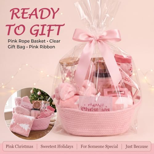 Reallnaive 11 Pcs Pink Christmas Basket Gift for Women Secret Santa Box