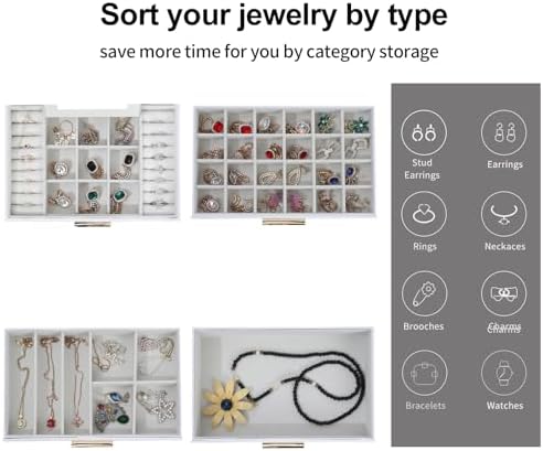BOOVO Jewelry Boxes for Women, White and Black 6 Layer Large Jewelry Box for Necklace, Bracelet, Earrings, Rings Storage, Jewelry holder Organizer for Girls Gift (Clear White, 4 layer)