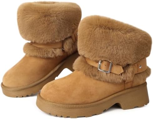 Furry Winter Boots for Women Block Heels Platform Buckle Slip On