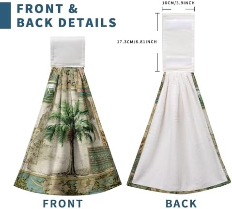 Palm Tree Hanging Hand Towels Set of 2 Vintage Tropical Leaves Green Jungle Plant Kitchen Towels with Hanging Loop Botanical Dish Towels Soft Absorbent Fingertip Bath Tie Towel for Bathroom