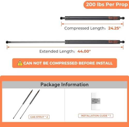 SF440M200 44 inch 200Lb Gas Struts, 44" Spring Shock Lift Support for Snowmobile Trailer Heavy Floor Hatch Heavy-Duty Sled Trailer Tonneau Cover Trap Door with 13MM Ball Stud, Qty 2