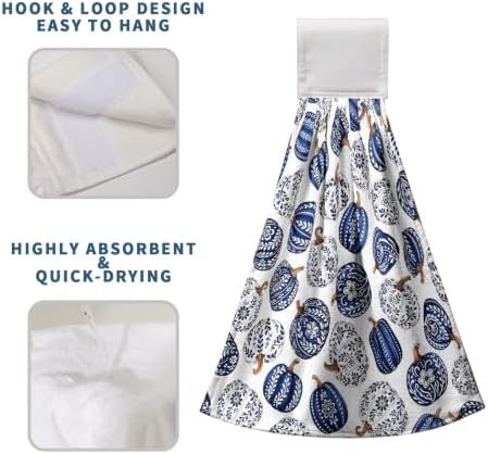 Fall Blue White Pumpkin Kitchen Towels with Hanging Loop Autumn Thanksgiving Chinoiserie Pumpkins Hanging Hand Towels Set of 2 Seasonal Dish Tie Towel Soft Absorbent Bath Towel