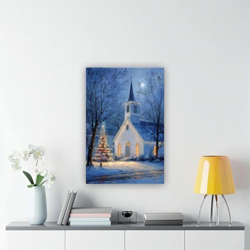 JDBeehpy Night White Church Xmas Tree Canvas Wall Art Unframed 12x18inch