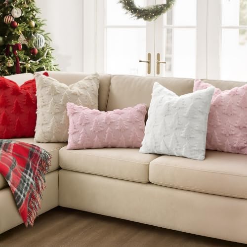 MIULEE Christmas Throw Pillow Covers Pink Christmas Decorations Set of 2 Xmas Tree 24x24 Pillow Covers Soft Plush Faux Wool Pillowcases Holiday Festivals Winter Home Decor Sofa Couch Bed Porch