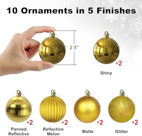 Gold 2.5" Christmas Balls Christmas Tree Decoration Ornaments Shatterproof Hanging Balls for Birthday Halloween Holiday Wedding Decorations Set of 10pcs