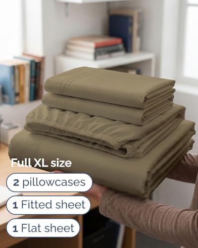 Full XL Sheets - 4 Piece Full XL Sheet Set - Breathable & Cooling - Khaki