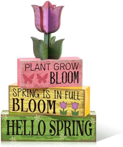 Moucuny 4 Pcs Spring Wood Block Signs Tiered Tray Decor Farmhouse Table