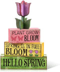 Moucuny 4 Pcs Spring Wood Block Signs Tiered Tray Decor Farmhouse Table