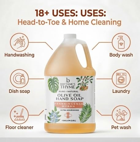 Brittanie's Pure Organic Castile Liquid Olive Oil Soap Refill, Frankincense, 1 Gallon | Face, Body Wash, Dishes, Pets & Laundry | Vegan & Gluten Free Non-GMO