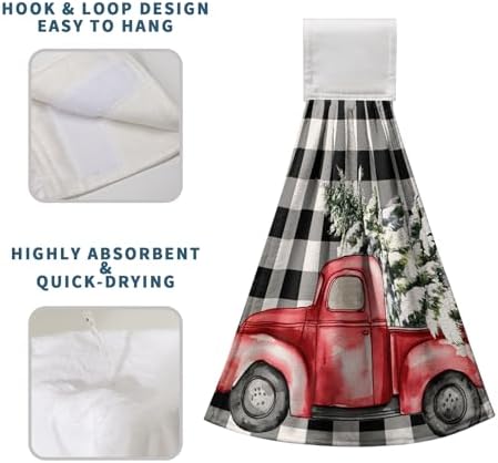 Christmas Hanging Kitchen Towels Winter Buffalo Plaid Red Truck Xmas Tree Hand Towel with Hanging Loop Black and White Check Christmas Dish Tie Towels Fast Drying Washcloth for Bathroom Set of 2