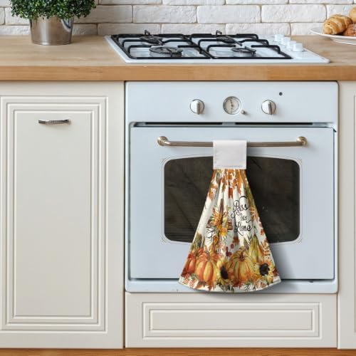 Fall Pumpkin Hanging Kitchen Towels Autumn Sunflower Maple Leaf Harvest Hand Towels with Hanging Loop Thanksgiving Washcloth Absorbent Hanging Dish Towels for Bathroom Set of 2