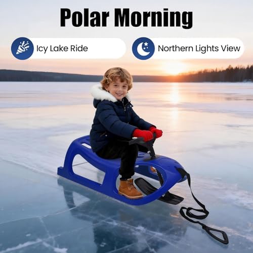 Snow Sled with Steering Wheel for Kids - Durable Blow Molded PE & Iron Winter Sleigh with Pull Rope, Single Rider for Outdoor Snow Fun, Blue Children's Sled