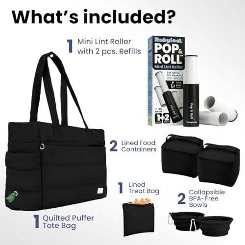 Rubyloo Mini Lint Roller Bundle Travel Size Pet Hair Remover with Retractable Cover & Black Puffer Tote Bag with Bowls Food Storage for Dog Mom Essentials Gift Set