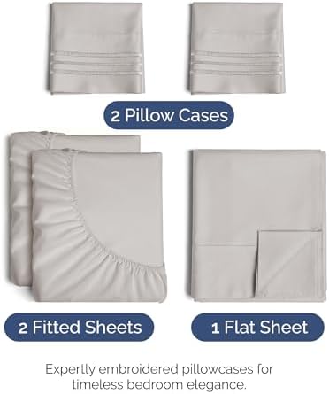 Split King Size 5 Piece Sheet Set - Comfy Breathable & Cooling - Light Grey