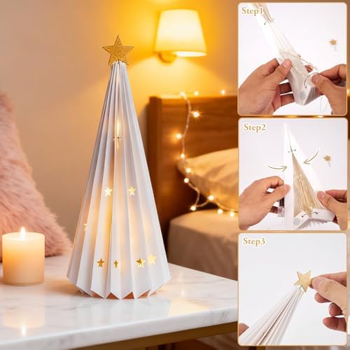 4PCS White Paper Christmas Trees 3D Christmas Tree Tabletop Centerpiece Decorations with Gold Star Tree Topper Light Up Vintage Table Centerpieces for Xmas Winter Wonderland Holiday Home Party