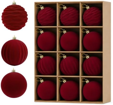 12Pcs Red Velvet Christmas Ornaments 2.36In Balls for Christmas Tree Deco