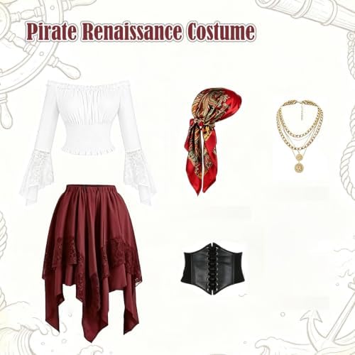 Women Pirate Costume Renaissance Medieval Outfit Halloween Top Skirt Set