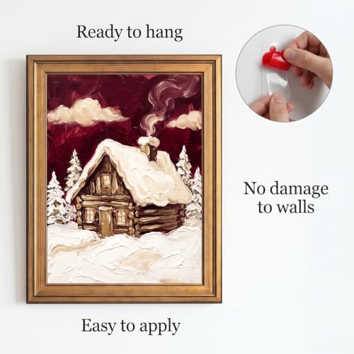 Framed Canvas Wall Art Expressive Winter Cozy Cabin Deep Red and Creamy White Impasto Canvas Print Poster Gold Frame Wall Decor for Living Room Rustic Art, Snowy Scene - Inch 16x20