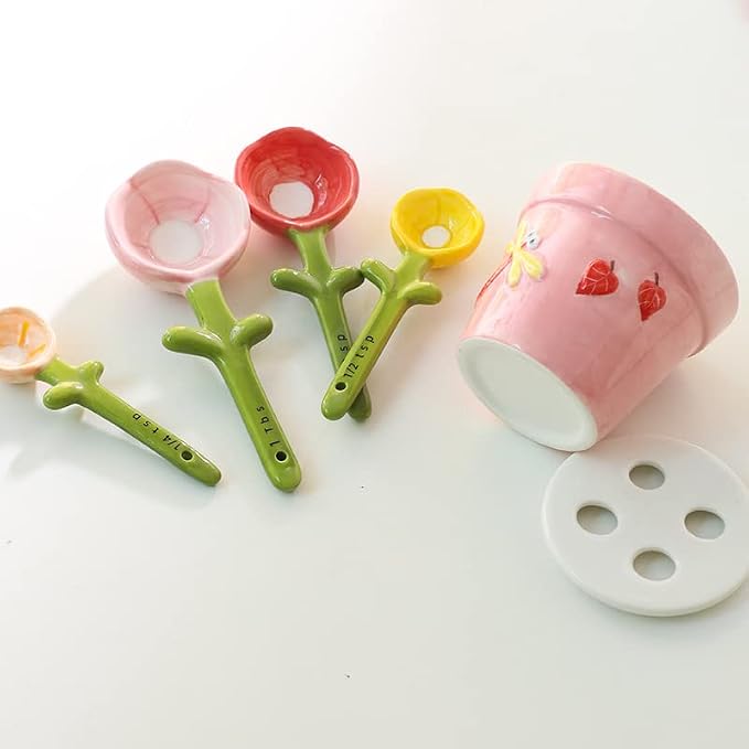 Ceramic Flower Measuring Spoon Set,Decorative FlowerPot Measuring Spoons and Cup Set in Pot, Flower Baking Scale Spoons with Base for Dry and Liquid Ingredient, 1/4 Tsp,1/2 Tsp,1Tsp,1Tbsp (2*Pink)