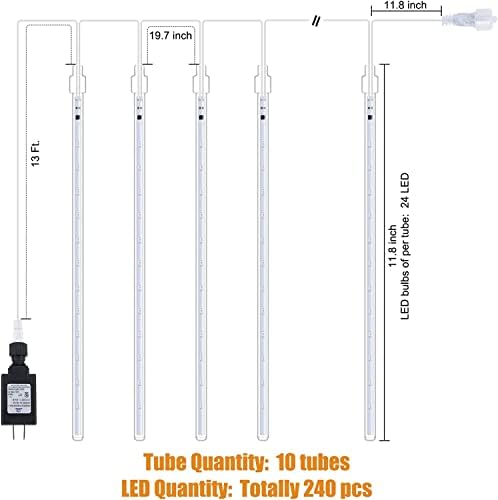 Meteor Shower Lights Outdoor, 2 Pack 11.8 Inches 10 Tubes 240 LED Snowfall Lights, Waterproof Meteor Christmas Light, Hanging Falling Rain Light for Tree Bushes Holiday Party Decoration, White