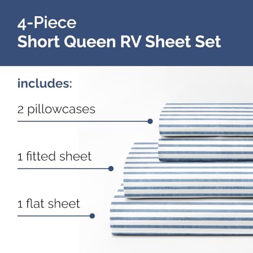 Short Queen Size 4 Piece Bed Sheet Set - RV Short Queen - Blue Stripes