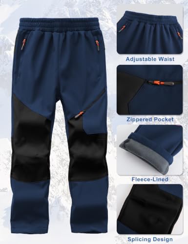 Kids Winter Pants Fleece Lined Waterproof Boys Ski Pants Thermal Outdoor Softshell with Zipper Pockets