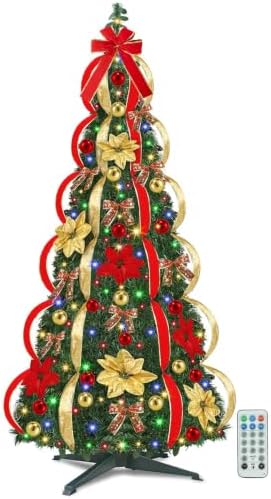 6 Ft Pop up Christmas Tree,Pre-Lit Christmas Trees with Lights 200 LED Collapsible Christmas Tree Plug-in with Remote, 8 Lighting Modes for Outdoor Indoor Party Christmas Decor