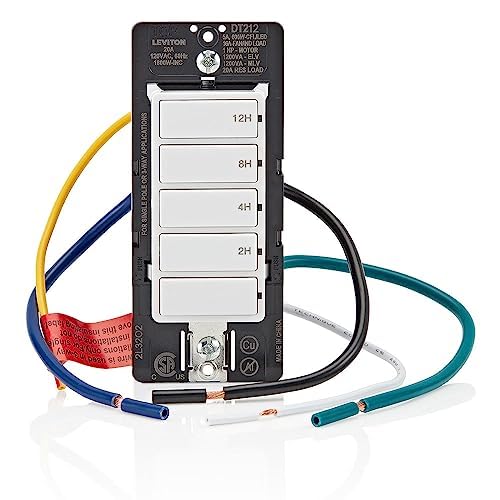 Leviton Countdown Switch for lights, attic, heaters, pool pumps, 2-4-8-12 hour, Neutral Wire Required, 20A, 1 HP/16A Fan/Motor, Single Pole, Multi-Way or Multi-Timer, DT212-1LW, White