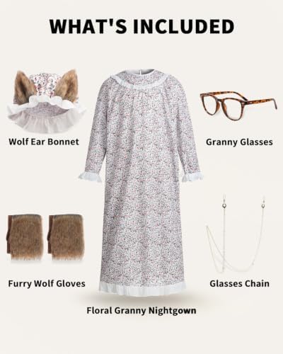 Big Bad Wolf Costume Adult, 5-Piece Granny Wolf Outfit for Men and Women