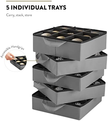 ZOBER All in One Christmas Ornament Storage Box & Decoration Container - Easy Access Removable Trays, Keeps 73 Ornaments - Adjustable Extent Area for Figurines and Pockets for Decoration - Gray