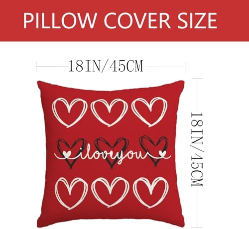 Valentines Day Decorations-Valentine Pillow Covers 18x18 Set of 4, Red Hearts I Love You Happy Valentine's Day Throw Outdoor Pillow Covers Anniversary Wedding Cushion Case for Home Sofa Couch Decor