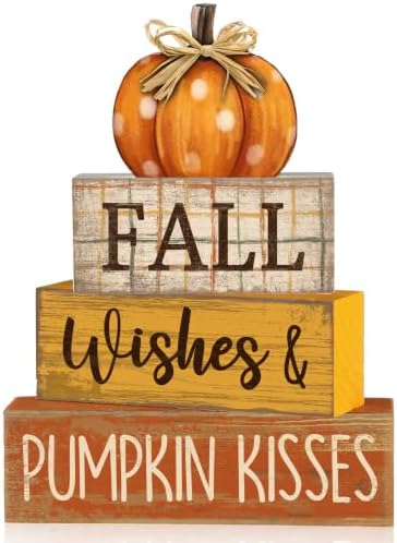 Moucuny 4 Pcs Fall Pumpkin Decor Fall Decorations for Home Wooden Pumpkin Decor Thanksgiving Table Centerpiece Rustic Autumn Stacked Block Signs Farmhouse for Harvest Party Home Kitchen