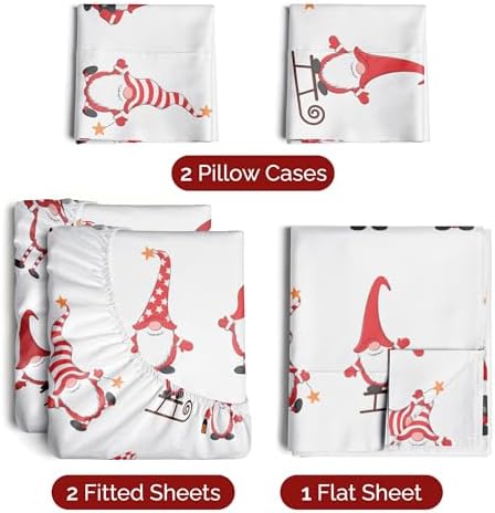 Christmas Sheet Set, Holiday Gnomes Red, Xmas Bedding Set - Split King Size