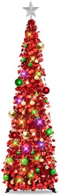 N&T NIETING Pop Up Christmas Tree with Lights & Ornaments, 5FT, Red