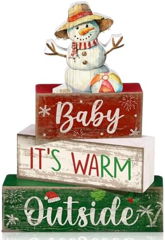 Lineshading 4 Pcs Christmas Table Decoration, Wooden Snowman Beach Sign Set