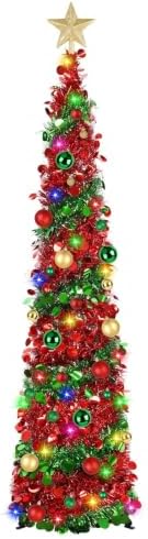 N&T NIETING Pop Up Christmas Tree with Lights & 30 Balls, 5Ft Collapsible Tinsel Tree Decorations for Holiday Home Office Decor, Red & Green