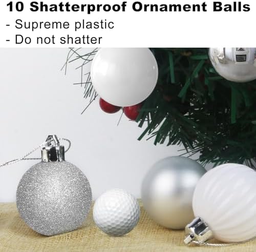 White & Silver 2.5" Christmas Balls Christmas Tree Decoration Ornaments Shatterproof Hanging Balls for Birthday Halloween Holiday Wedding Decorations Set of 10pcs