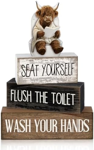 Moucuny 4 Pcs Highland Cow Bathroom Decor Funny Wooden Signs Farmhouse