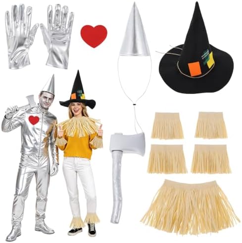 10Pcs Halloween Scarecrow Couple Costume Set - Silver Gloves Hat Axe Red Heart Sticker Scarecrow Hat Neck Wrist Leg Ties - Adult Men Women Group Party Carnival Cosplay Costumes